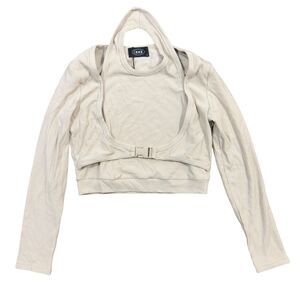 Cider Cropped Top Womens Large Beige Ribbed Buckle Waist Long Sleeve Halter Neck